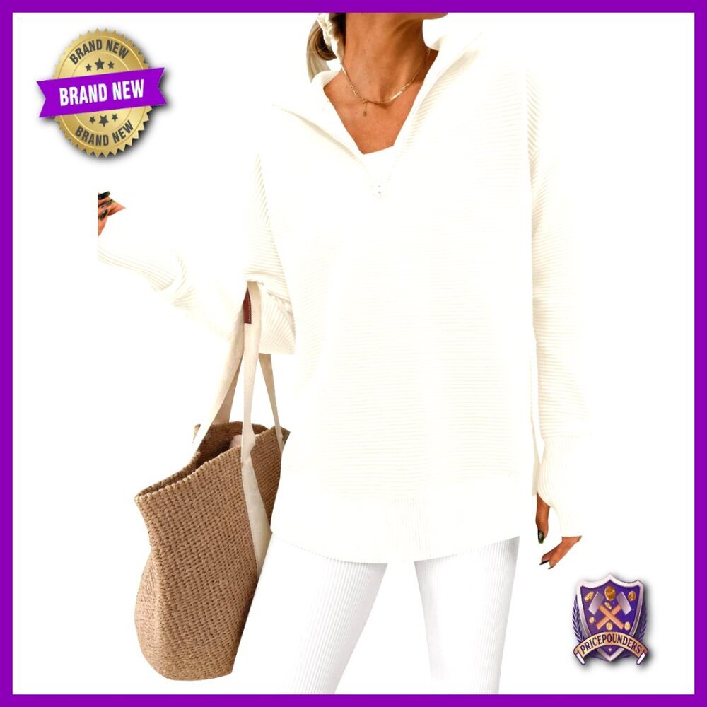 Long Sleeve Quarter Zip Pullover Sweater Ribbed Knit Thumb Hole Loose Fit